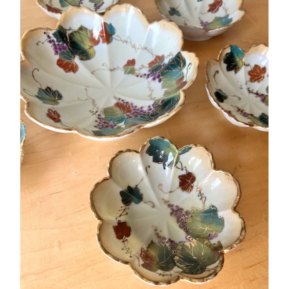 Vtg 1930s Tashiro Shoten Japan Hand Painted Porcelain Berry Bowl Set Grapes 7 Pc